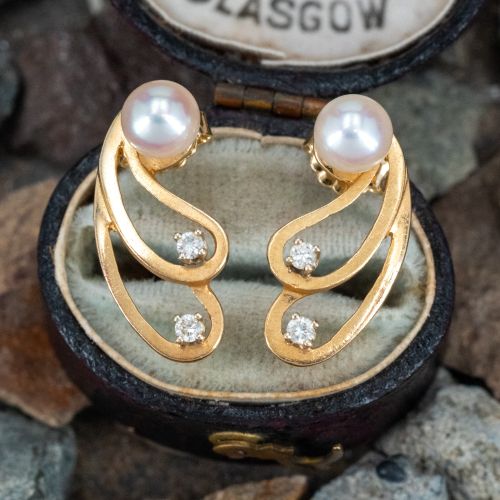 Pearl Earrings w/ Diamond Accents 14K Yellow Gold
