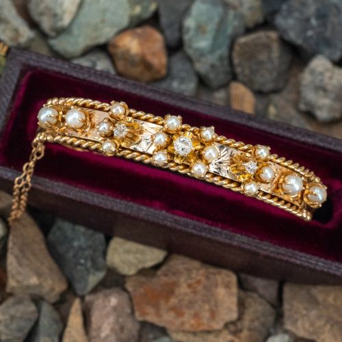 Vintage Engraved Pearl Bangle Bracelet 14K Yellow Gold