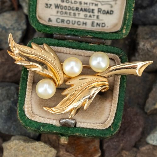 Textured & Matte Finished Leaf Pearl Brooch Pin 14K Yellow Gold