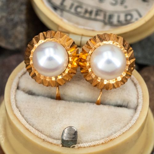 Vintage Fluted Bezel Pearl Earrings 18K Yellow Gold