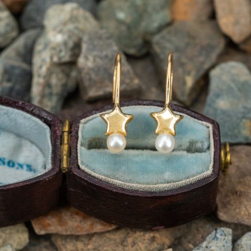 Star Motif Pearl Drop Earrings 14K Yellow Gold