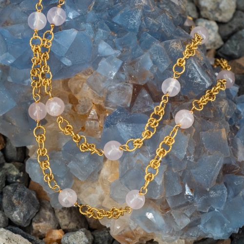 Twisted Rope Rose Quartz Necklace 18K Yellow Gold