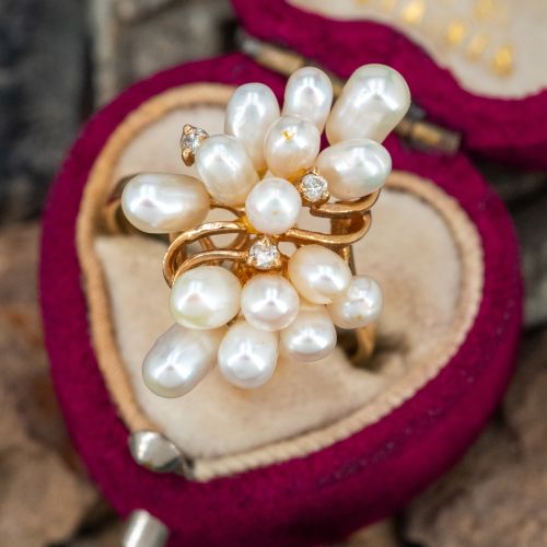 Cluster Rice Pearl Bypass Ring w/ Diamonds 14K Yellow Gold