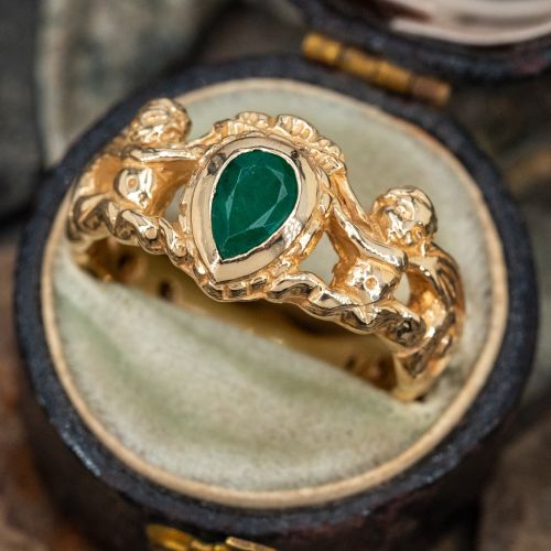 Vintage Cherub Motif Emerald Ring 14K Yellow Gold 