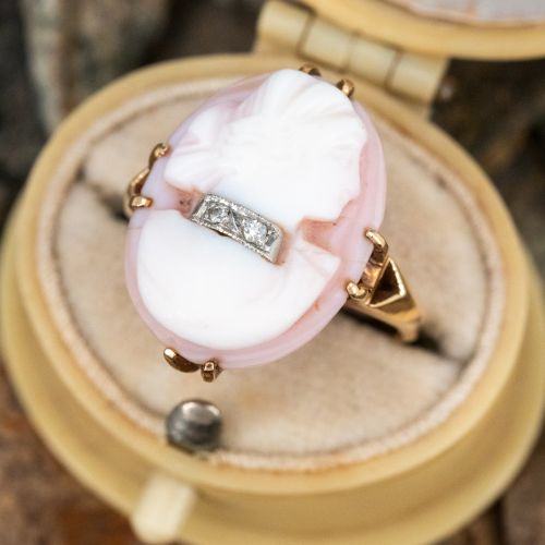 Vintage Shell Cameo w/ Diamond Accents Ring 14K Yellow Gold