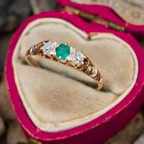 Antique Petite Emerald & Old Mine Diamond RIng 14K Yellow Gold