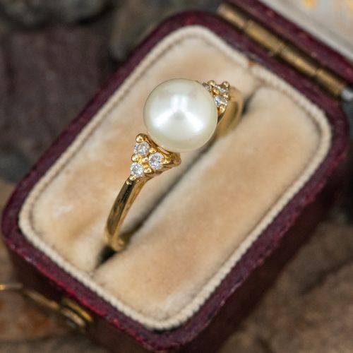 Beautiful Saltwater Pearl & Diamond Ring 14K Yellow Gold