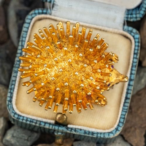 Italian Hedgehog Brooch Pin w/ Ruby Eyes 18K Yellow Gold
