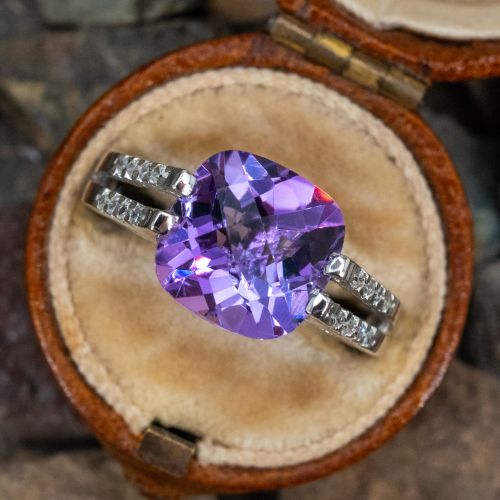 Cushion Amethyst Cathedral Ring 14K White Gold 