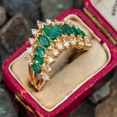 Marquise Cut Emerald Diamond Ring 14K Yellow Gold