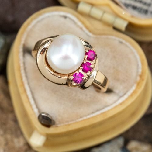 Freshwater Pearl & Ruby Ring Yellow Gold