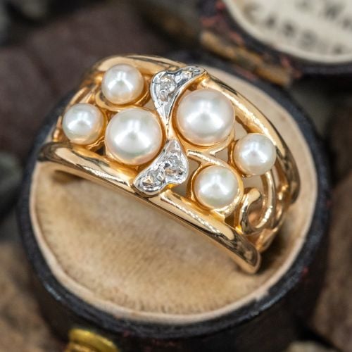 Pearl Cluster Band Ring w/ Diamonds 14K Yellow Gold
