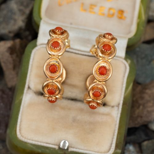 Vintage Coral Hoop Earrings 14K Yellow Gold