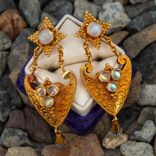 Designer Paula Crevoshay Moonstone Dangle Earrings 18K Yellow Gold