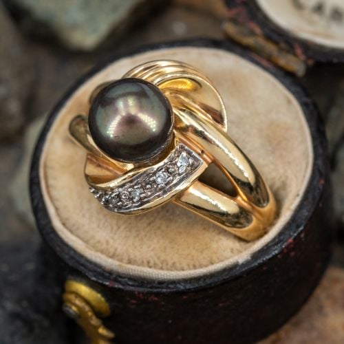 Black Pearl Ring w/ Diamond Accents 14K Yellow Gold