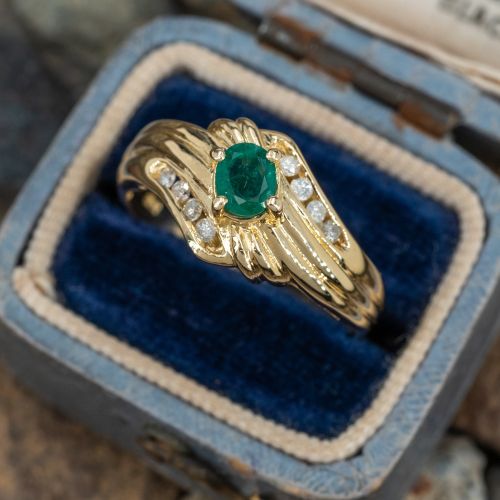 Bypass Motif Emerald & Diamond Ring 14K Yellow Gold