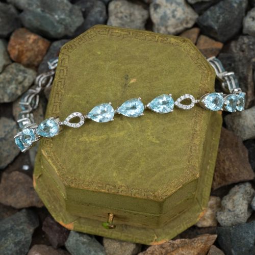 Pear Cut Aquamarine & Diamond Bracelet 14K White Gold