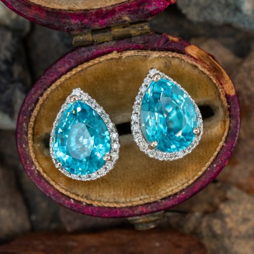 Stunning Pear Cut Blue Zircon Earrings 14K White Gold