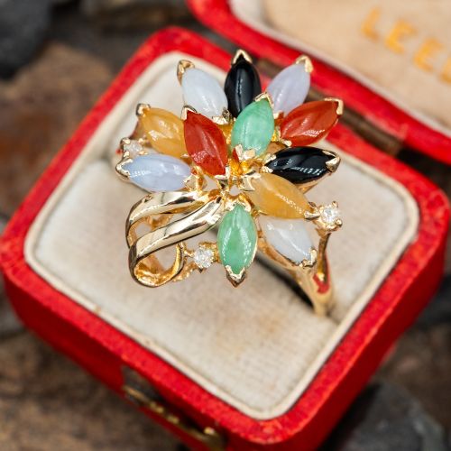 Multi-Color Jade Ring W/ Diamond Accent 14K Yellow Gold