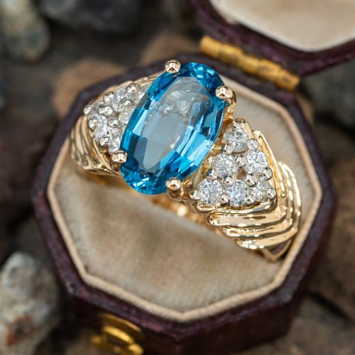 Blue Topaz Fluted Shoulder Diamond Ring 14K Yellow Gold