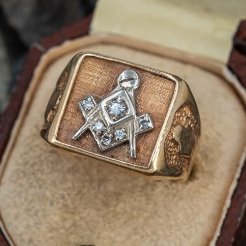 Masonic Mens Diamond Ring 14K Yellow & White Gold