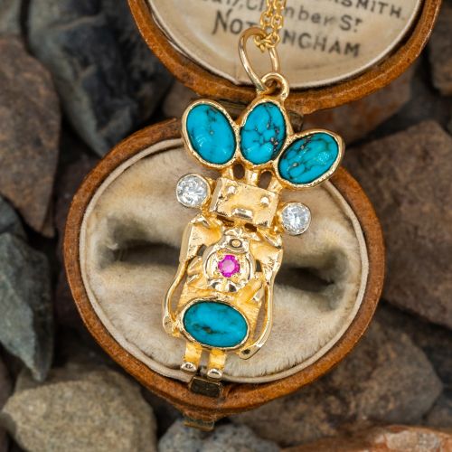 Native Figure Turquoise Pendant Necklace 14K Yellow Gold 