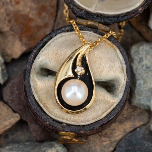 Antiqued Saltwater Pearl Slide Pendant Necklace 14K Yellow Gold