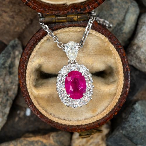 Stunning Ruby & Diamond Halo Pendant Necklace 14K White Gold