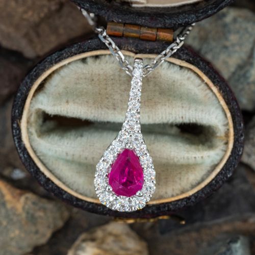 Teardrop Ruby & Diamond Pendant Necklace 14K White Gold