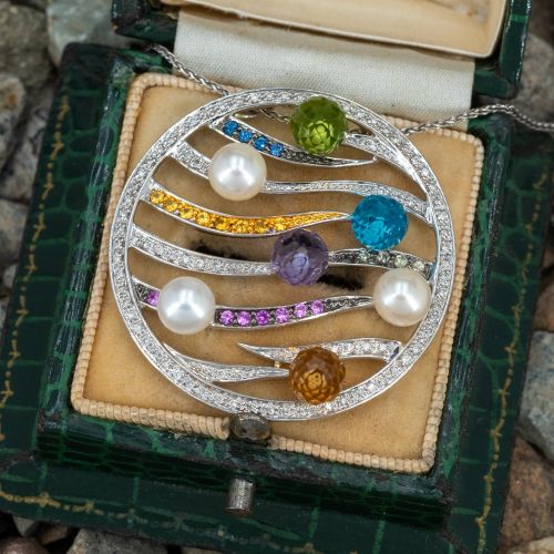 Gemstone & Pearl Circle Pendant Necklace 14K White Gold