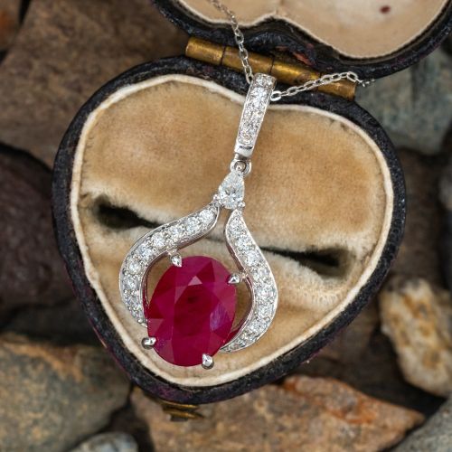 Stunning Burmese Ruby Pendant Necklace 18K White Gold
