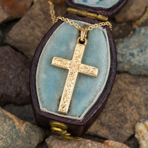 Engraved Cross Pendant Necklace 14K Yellow Gold