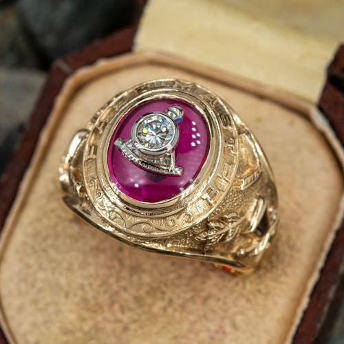 Masonic Mens Diamond & Lab Ruby Ring Yellow Gold 