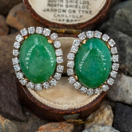 Vintage Jade & Diamond Halo Earrings 14K White & 18K Yellow Gold