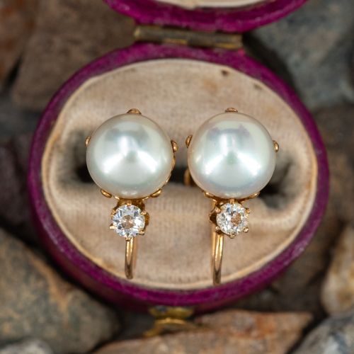 Vintage Pearl & Old Euro Diamond Screw-On Earrings Yellow Gold 