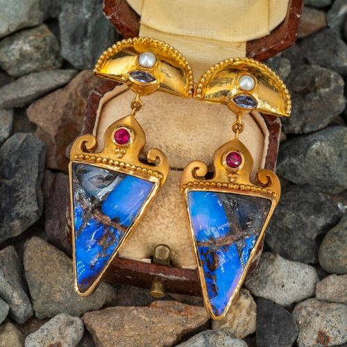 Paula Crevoshay Boulder Opal Dangle Earrings 14K Yellow Gold