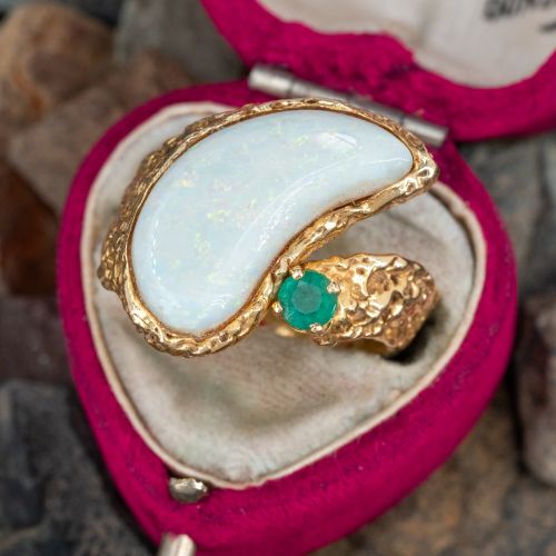 Vintage Freeform Opal & Emerald Ring 14K Yellow Gold