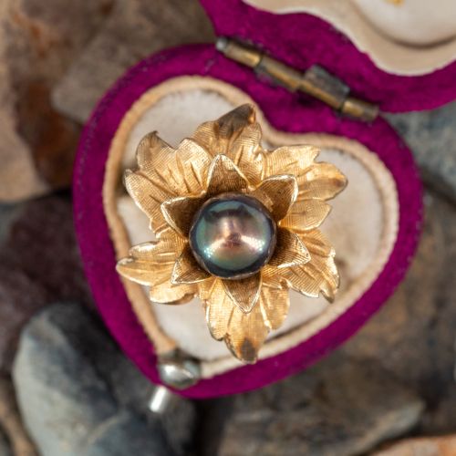 Floral Motif Tahitian Pearl Ring 14K Yellow Gold