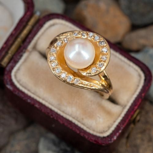 Swirl Design Saltwater Pearl & Diamond Ring 14K Yellow Gold 