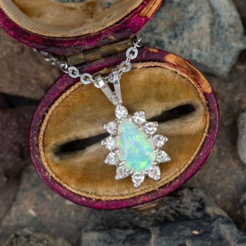Opal & Diamond Halo Pendant Necklace 14K White Gold
