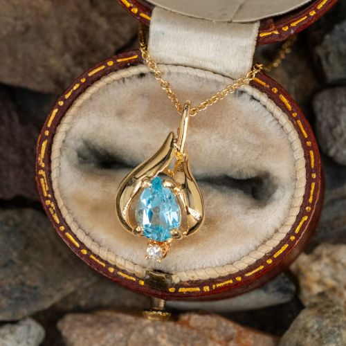 Pear Cut Aquamarine & Diamond Pendant Necklace 14K Yellow Gold