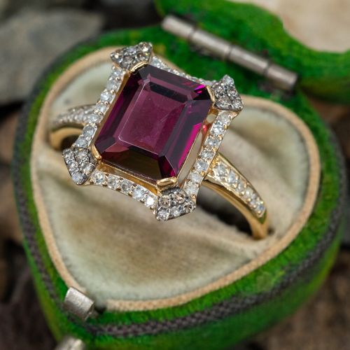 Emerald Cut Rhodolite Garnet & Diamond Ring 14K Yellow Gold 