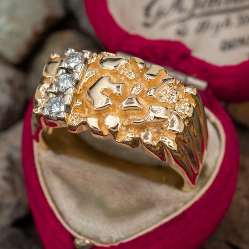 Vintage Nugget Style Mens Diamond Ring 14K Yellow Gold