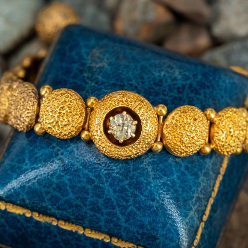 Vintage Stippled & Patinated Round Link Diamond Bracelet 14K Yellow Gold