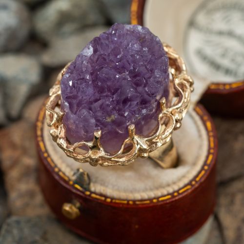Amethyst Point Geode Cluster Ring 14K Yellow Gold