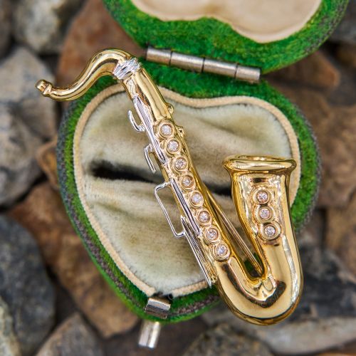 Vintage Diamond Saxophone Brooch Pin/ Pendant 18K Yellow & White Gold