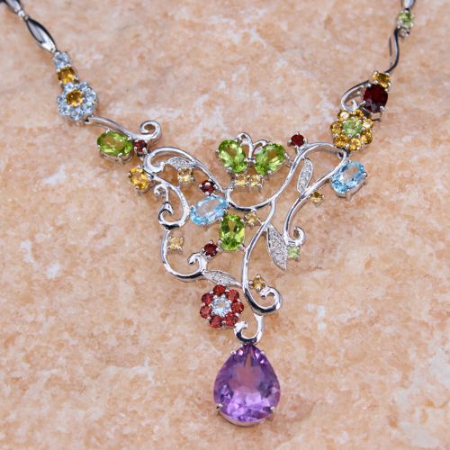Colorful Floral Drop Gemstone Necklace 14K White Gold
