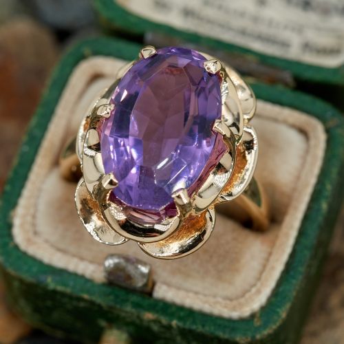 Oval Amethyst Buttercup Style Cocktail Ring 14K Yellow Gold 