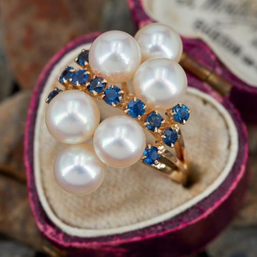 Gorgeous Pearl & Sapphire Cluster Ring 14K Yellow Gold 
