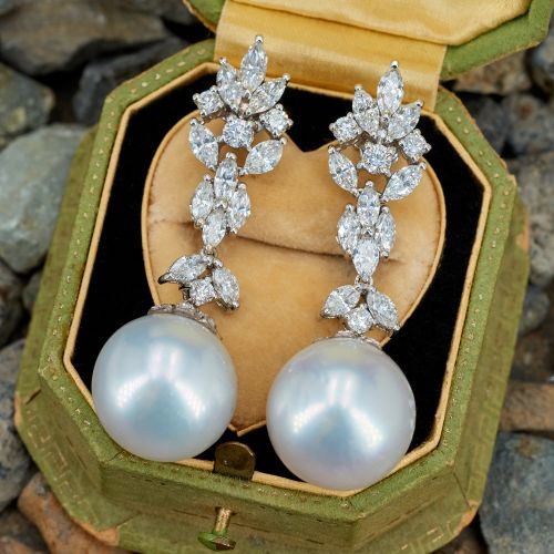 South Sea Pearl & Diamond Dangle Earrings 18K White Gold